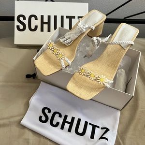 NEW SCHUTZ white leather floral block heel sandals